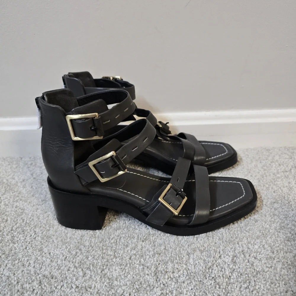 Rag & Bone Fallon Metal Gray Leather Block‎ Heel Straps Sandals Sz 38.5 US 8.5